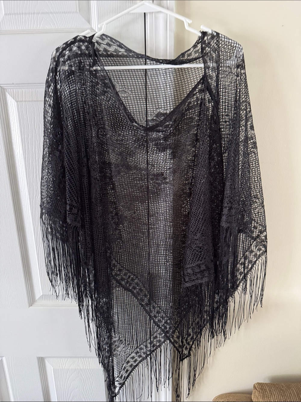 Cozy Casual Black Sheer Crochet Fringe Poncho